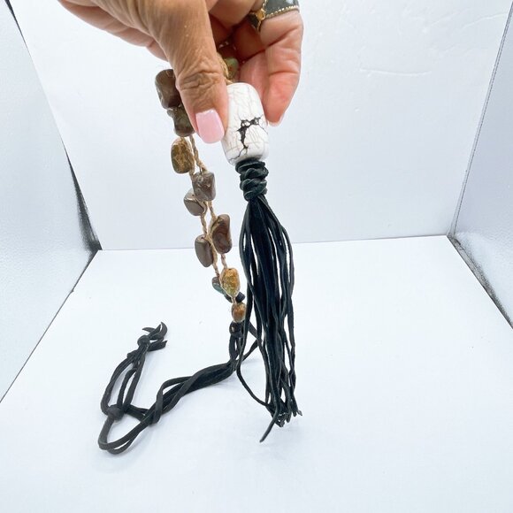 White Pendant Stone Beaded Macrame Necklace With Black Leather Tassel & Adjustab - Picture 6 of 8